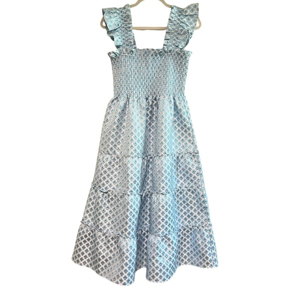 Hill House Ellie Nap Dress Snowflake Blue White Brocade Smocked Tiered Midi Sz S - Picture 2 of 13